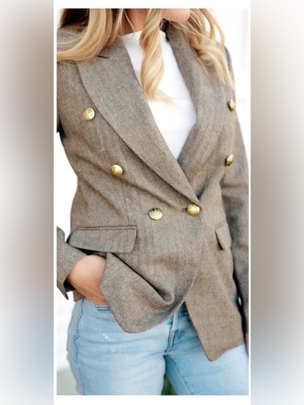 Banana Republic Taupe Herringbone Double-Breasted Captain’s Blazer 00P